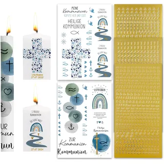 FloraVigo taufkerze selber machen set,2pcs Kerzentattoos Kommunion Taufe Kerzen Tattoofolie + 3pcs Groß- und Kleinbuchstaben Kerzen Sticker Gold Zahlen Aufkleber für Taufkerze (blaue Kommunion)