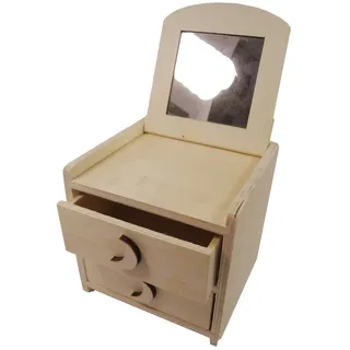 Pracht Creatives Hobby 7681-12541 - Schmuckkästchen aus Holz, ca. 12 x 12 x 11,5 cm groß, mit Spiegel im Deckel zum Aufklappen und 2 Schubladen, Griffe variieren, natur