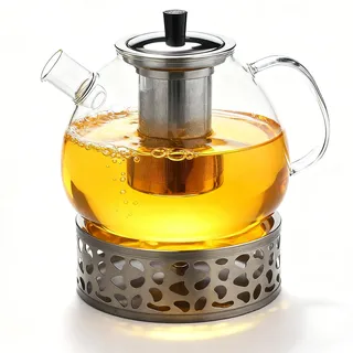 1500ML Teekanne aus Borosilikatglas mit Siebeinsatz, Stövchen & Deckel – Spülmaschinenfeste Glasteekanne für losen Tee Teebeutel Fruchttee, Hält lange warm (1.5L,spülmaschinenfest)