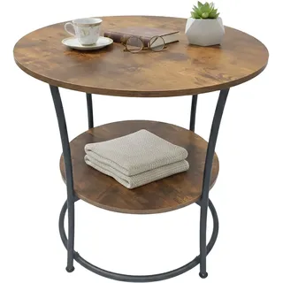 Relaxdays Beistelltisch, 2 Ablagen, HxD: 55x55 cm, Holzoptik & Metall, Sofatisch, runder Couchtisch, Dunkelbraun/schwarz