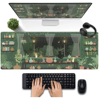 Kawaii Schreibtischunterlage mit grünen Pflanzen, Gaming-Mauspad, Größe XL, ästhetisches Anime-Design, schwarze Katze, Schreibtischunterlage, Laptop, Computer, Tastatur, Mauspad,