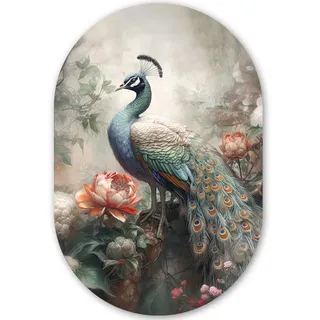 MuchoWow Wandbild Pfau - Pfauenfedern - Vogel - Dschungel - Blumen 60x90 cm , Kunststoff , Oval , 60x90 cm , einfache und schnelle Anbringung , Bilder & Rahmen, Bilderrahmen, Bilderrahmen & Fotorahmen