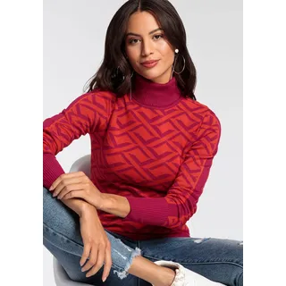 Rollkragenpullover MELROSE, Damen, Gr. 34, rot (rot, pink), Strick, Obermaterial: 70% Viskose, 30% Polyamid, Jacquardmuster, tailliert hüftlang, hoch geschlossener Ausschnitt, Rippbündchen, Pullover Rollkragenpullover, mit Jacquard-Muster