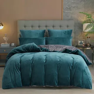 Damier Winter Bettwäsche 135x200cm Petrol Grau Warme Plüschbettwäsche Set 2 Teilig - 1 Bettbezug 135 x 200 cm mit Reißverschluss und Kopfkissenbezug 80 x 80 cm