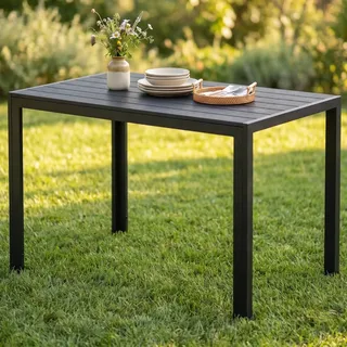 Clevich Gartentisch Wetterfest 110x70 cm, Balkontisch aus Aluminium & WPC | Rechteckiger Terrassentisch, pflegeleicht und langlebig, Tisch Balkon für 6 Personen, Schwarz