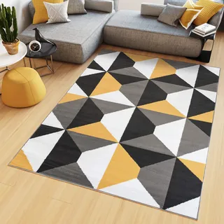 TAPISO Maya Teppich Kurzflor Grau Gelb Geometrisch Vierecke 300 x 400 cm | Weiß Modern Figuren Design Wohnzimmer Schlafzimmer Büro oeko-tex