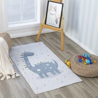 Livabliss Dinosaurier Kinder waschbar - Cartoon 80x150 cm, Waschbarer Kinderzimmer oder Babyzimmer, Krabbel oder Spiel - Babymatte für Jungen & Mädchen, Creme und Grau