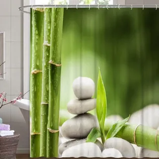 M&W DAS DESIGN Duschvorhang Bambus leichten Nebel reflektiert Textil Vorhang grün exotisch Stein Relax Schimmelresistent Bambusblatt Spa Ruhe inkl. 12 C-Ringe Gewicht unten 180x200cm(BxH)