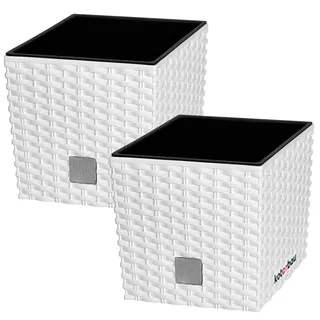 KOTARBAU® Blumentopf mit Einsatz 17x17 cm, Rattanoptik, Kunststoff, 2er Set | Pflanzkübel groß außen, Übertopf 4 L mit Innentopf, für Drinnen & Draußen, Terrassendeko, Blumentöpfe, Weiß
