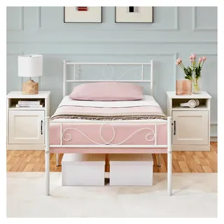 Metallbett 90 x 200 cm mit Lattenrost für Einzel- und Doppelbett, Gästebett, Jugendbett mit Kopfteil in Weiß - Weiß