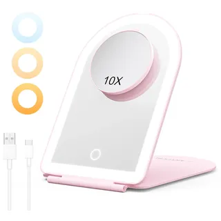 BESTOPE Pro Schminkspiegel mit Beleuchtung, LED Tragbarer Kosmetikspiegel 10-Fach Vergrößerung, 3 Dimmbare Farblichter, Wiederaufladbar Ultraschlanker Tischspiegel für Zuhause und Make up, Rosa