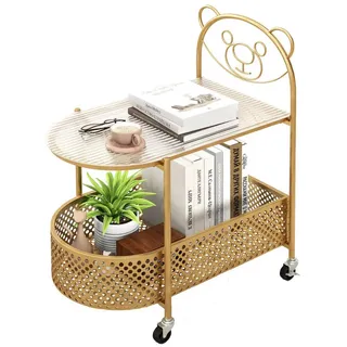 Costway COSTWYA Mobiler Glastisch, 2-stufiger moderner Kaffeetisch mit Bärenmuster, Ablagekorb & Metallrahmen, Beistelltisch auf feststellbaren Rollen Golden - Gold, Transparent