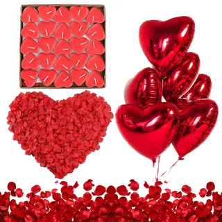 Romantische Kerzen, Hochzeit Dekoration Set, Rote Teelichter und Rosenblätter, 50 Teelichter Herzform, 1000 Rote Rosenblüten, 6 Rote Herzförmige Folienballons, Romantisch Deko Set für Valentinstag