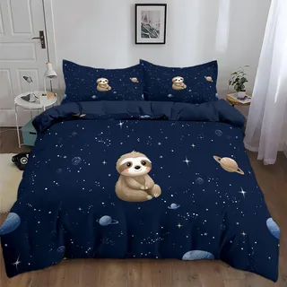 Generisch Bettwäsche Sets Dunkelblau Mikrofaser Mit Reißverschluss - 240 X 220 cm + 2 Kissenbezüge 80 X 80, Bettwäsche Minimalistischer Stil Cartoon Faultier, Bügelfrei & Knitterfrei Bettbezug