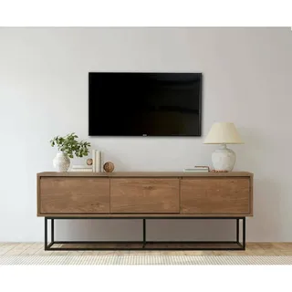 Dmora - Fernsehschrank EOS, Ständer für Wohnzimmerfernseher, Niedriges Wohnzimmer-Sideboard, TV-Ständerbasis, 140x40h50 cm, Walnuss und Schwarz