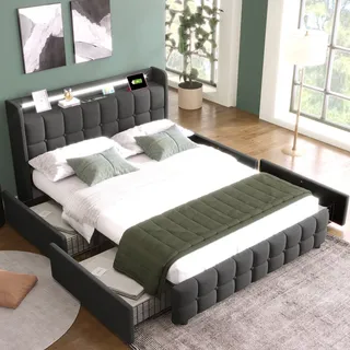Flieks Polsterbett 160x200cm mit USB und Steckdosen, Jugendbett Doppelbett mit 4 Schubladen, Stauraumbett Massivholzbett mit LED und Lattenrost, Leinen, Grau - Grau