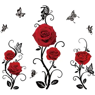 SUPERDANT Rote Rose Wandsticker Abnehmbare Blumen Schmetterling Wandaufkleber Home Wandtattoo Wanddekoration DIY Vinyl Wandsticker Für Schlafzimmer Sofa Hintergrund TV Wanddekoration 74x58cm