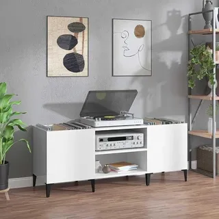 Plattenschrank Hochglanz-Weiß aus Holzwerkstoff und Metall 121 x 38 x 48 cm, Schrank Kommode Sideboard Highboard Lowboard, Stauraum für Schallplatten und Plattenspieler im Wohnzimmer - Weiß