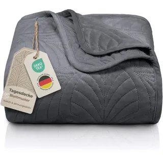 Gräfenstayn Premium Tagesdecke 240x260 cm – Bettüberwurf mit Nahtloser Steppung & Blatt-Design – Samt-Decke – weich, knitterfrei & pflegeleicht – Überwurf für Bett & Sofa (anthrazit)