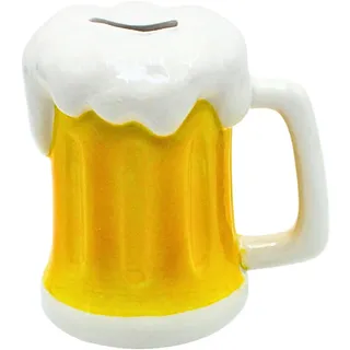 Dekohelden24 Spardose als Bierglas - Sparkrug - Sparbüchse - Bierkasse, Weiß - Gelb, Größe L/B/H ca. 14 x 13 x 14 cm