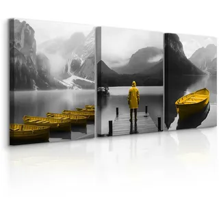 Muralo Leinwandbilder 3-es Set Bergen Natur 3D , Schwarz, Grau, Gelb , Textil , Landschaft/Berg, Baum/Pflanze/Natur, Wasser/Strand/Meer , Rechteckig , 90x40 cm , Bilder & Rahmen, Bilder