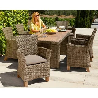 MERXX Garten-Essgruppe »Toskana« 6 Sessel, 1 Wangentisch 185x90 cm, inkl. Sitzkissen, 13 Stk. tlg. Aluminium, Polyrattan, Akazienholz FSC 100 %, geeignet für 6 Personen, beige