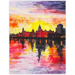 Artery8 Vibrant Liverpool City Waterfront Sunset Painting Living Room Large Wall Art Poster Print Thick Paper 18X24 Inch