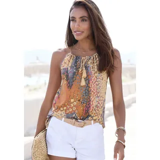 Strandtop BUFFALO, Damen, Gr. 40/42, bunt (orange, blau bedruckt), Jersey, Obermaterial: 100% Viskose, bedruckt, figurumspielend hüftlang, amerikanischer Ausschnitt, Tops Strandtop, mit Animalprint, leichtes Blusentop, figurbetont, Topseller
