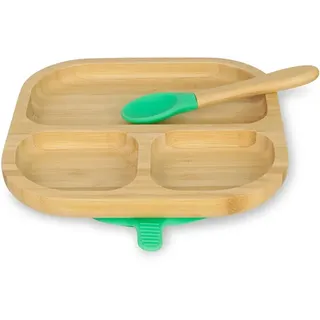 BIOZOYG Bambus-Teller-Set quadratisch I Saugnapf-Teller mit Löffel - FSC-zertifiziert I süßes Bambus Holz-Schüssel-Set Kleinkind - Kinder-Teller & Snack-Schale I Baby Bambus-Geschirr eckig Grün