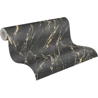 ascreation A.S. Création Vliestapete 10,05 m x 0,53 m - Putzoptik mit goldenen Details Schwarz, Gold, Metallic - Metallic Tapete Made in Germany - 393362