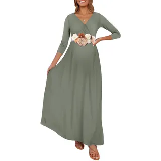KIM S Umstands-Maxikleid mit Blumenschärpe (S-3XL) / gewickelter gerüschter V-Ausschnitt für Fotoshootings, Babypartys, Grau/Grün, Groß