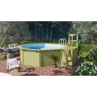 Achteckpool KARIBU "Rimini 1X mit Sonnendeck", braun, B:480cm H:121cm L:400cm, Schwimmbecken, Achteckpool, BxLxH: 480x400x121cm
