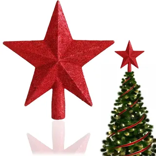 Weihnachtsbaumspitze Stern Rot – Glänzende Christbaumspitze aus bruchsicherem Kunststoff, Klassische Tannenbaumspitze & Baumspitze Weihnachten, mit 3D-Glitzer-Effekt, für eine Festliche Dekoration