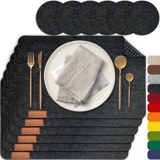 MAHEWA® 6er Set Premium Tischset Platzset aus Filz rutschfest Ab-waschbar und Waschmaschinenfest Eckige Platzdeckchen (Anthrazit/Braun, 6er Set (Futuristic Logo))