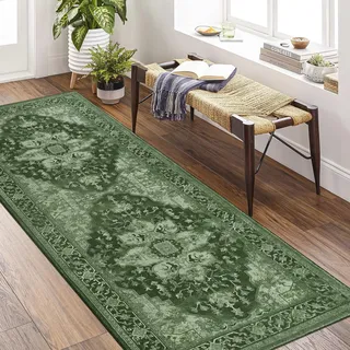 Homcomodar Boho Flur Teppich Läufer 80x200cm rutschfest Küche Läufer Teppiche Waschbar Teppich Läufer Flur für Küche Schlafzimmer Eingang Waschküche(Grün)
