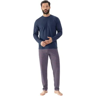 Schlafanzug MEY "Red Tile", Herren, Gr. S, blau (yacht blau), Single Jersey, Obermaterial: 100% Baumwolle, lang, Rundhals, Homewear-Sets Schlafanzug, Langarm-Shirt mit Brusttasche
