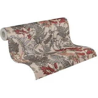 A.S. Création Architects Paper Blumentapete Floral Impression Tapete natürlich PVC-freie Vliestapete beige grau rot orange creme matt glatt 377512 37751-2, 10.05 m x 0.53 m