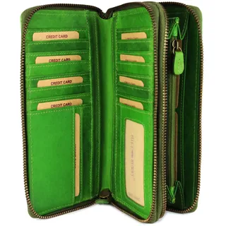 Hochwertige XXL Vintage Leder Damen Geldbörse Portemonnaie langes Portmonee Geldbeutel Organizer mit extra vielen Fächern inkl. RFID in grün Gemustert - 20x11x3,5cm (B x H x T)