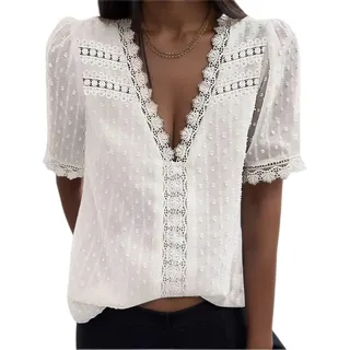 Bluse Damen Kurzarm - Boho Spitzen Oberteile Damen, V-Ausschnitt Doppellagig Tunika Elegant Frühling T-Shirt Tops Curvy Mode Trachtenbluse Sommer Trachtenshirt Festliche Blusen