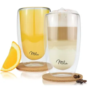 Milu Thermogläser Set – 4 vers. Größen - Doppelwandige Espresso Gläser - Kaffeegläser, Latte Macchiato, Cappuccino Glas - Isolierglas, spülmaschinenfest (2 Gläser, 450ml)