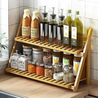 Dreamhousey Küchenspeicherregal Haushaltsarbeitsplatte Gewürzregal, 2-Etagen multifunktionales Gewürzregal Einfacher moderner Blumenregal Bambus Holz (Holz Farbe, L)