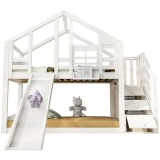 Okwish Etagenbett Baumhaus 90/200 cm Weiß mit Rutsche und Stauräumen , Holzwerkstoff , 90x200 cm , Babymöbel & Kindermöbel, Kinderzimmer & Jugendzimmer, Stockbetten