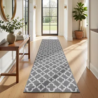 SHACOS Läufer Flur rutschfest 60x240 cm, Teppichläufer waschbar, Grau | Küchenteppich mit Gummirücken, schmutzabweisender Teppich Läufer, Modern Flurteppich für Küche, Eingang, Schlafzimmer