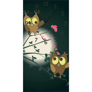 Wallario Design Wanduhr bedruckt, Größe 30 x 60 cm, Motiv: Süße verliebte Eulen auf dem Ast bei Nacht im Mondschein - Schwarz