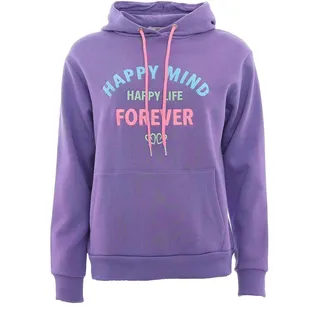 Zwillingsherz Sweatshirt, mit "Happy"-Aufstick in neonfarben auf Vorder- und Rückseite lila