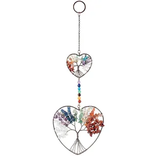 KYEYGWO 7 Chakren Stein Baum des Lebens Hängen Deko, Herz Wand Hängende Ornament Kristall Traumfänger Handgemacht Hängedeko Edelstein Fensterdekoration für Haus Hochzeit Souvenir Büro