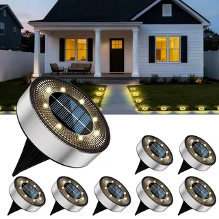 ICRGB 8 Stück Solar Bodenleuchten Aussen, IP68 Wasserdichte Solarlampen mit 8 LEDs, für Solarleuchten im Außen- und Gartenbereich, für Rasen, Auffahrt, Gehweg, Terrasse & Patio, Warmweiß (Edelstahl)