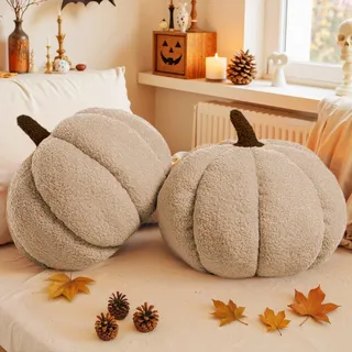 Lanpn 2 Stück Herbst kürbis Kissen, Halloween Deko Kürbis Dekokissen 3D Kürbisoptik Kürbiskissen für Sofa Couch Schlafzimmer Thanksgiving Herbst Dekoration (Beige, 36x26 cm)
