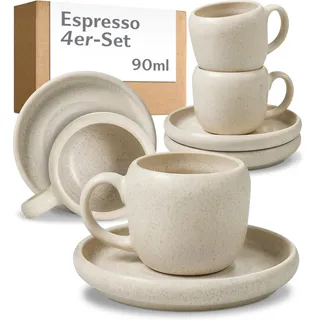 Cosumy 4er Espressotassen Set mit Untertassen Weiß – 90 ml Keramik Espresso Tassen Set – Hält lange warm dank dickwandigem Steingut – Elegante Kaffeetassen mit handglasierter Oberfläche