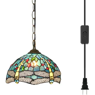 Blivuself Tiffany Pendelleuchten Glasmalerei Hängelampe 12 Zoll Antik Grün Blau Libelle Stil Plug in Licht für Zuhause Küche Insel Esszimmer Wohnzimmer Flur Theke Bar